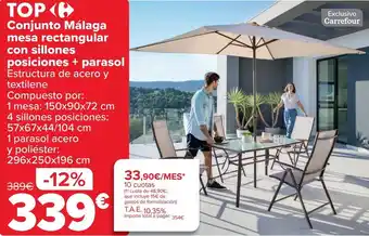Carrefour Conjunto málaga mesa rectangular con sillones posiciones + parasol oferta