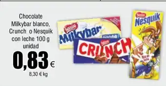 FROIZ Chocolate Milkybar blanco, Crunch o Nesquik con leche 100 g unidad oferta