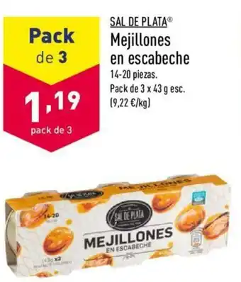 ALDI Sal De Plata Mejillones en escabeche 14-20 piezas Pack de 3 x 43 g oferta
