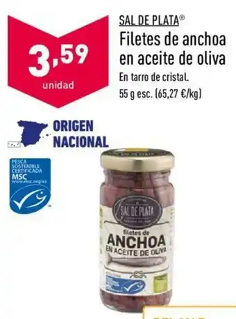 ALDI Sal De Plata Filetes de anchoa en aceite de oliva En tarro de cristal 55g oferta