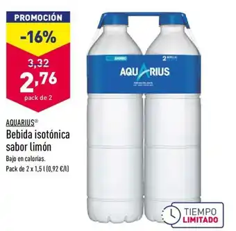 ALDI Aquarius Bebida isotónica sabor limón Bajo en calorías Pack de 2 x 1,5 L oferta