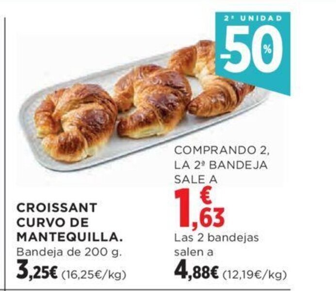 Hipercor CROISSANT CURVO DE MANTEQUILLA. Bandeja de 200 g. oferta