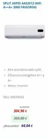 Electrocash Split aspes aas2012 wifi a++a+ 3000 frigorías aire acondicionado split. • eficiencia energética a++ y a+ o motor inverter. oferta