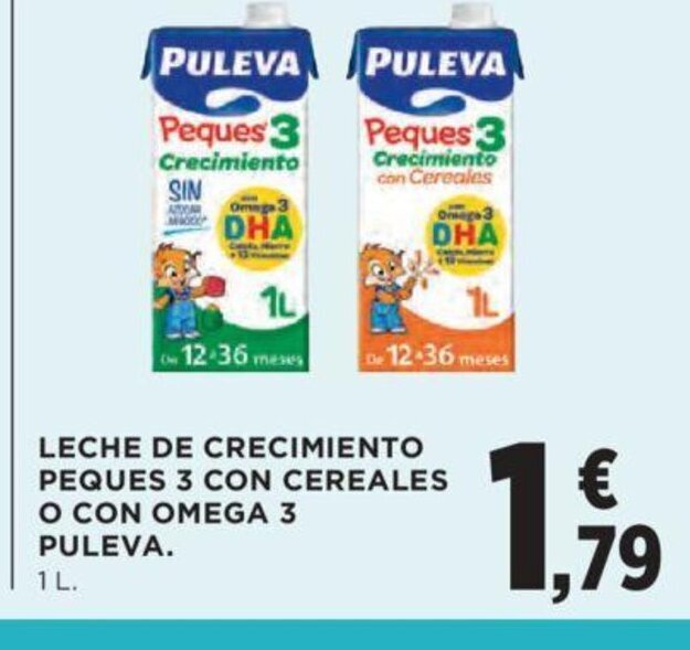 Hipercor LECHE DE CRECIMIENTO PEQUES 3 CON CEREALES O CON OMEGA 3 PULEVA. oferta
