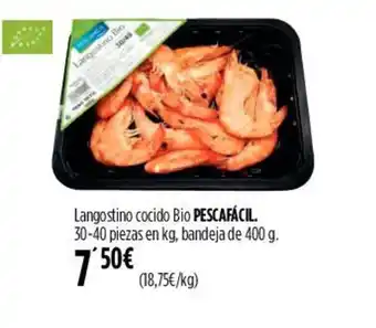 Hipercor Langostino cocido Bio PESCAFÁCIL. 30-40 piezas en kg, bandeja de 400 g. oferta