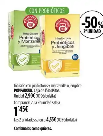 Hipercor Infusión con probióticos y manzanilla o jengibre POMPADOUR. Caja de 15 bolsitas. oferta