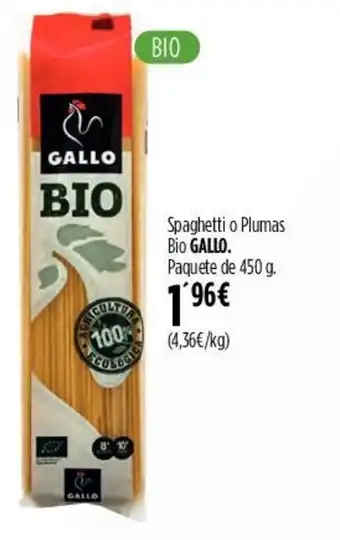 Hipercor Spaghetti o Plumas Bio GALLO. Paquete de 450 g. oferta