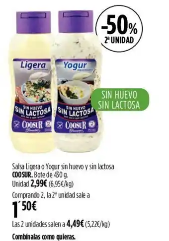 Hipercor Salsa Ligera o Yogur sin huevo y sin lactosa COOSUR. Bote de 430 g. oferta
