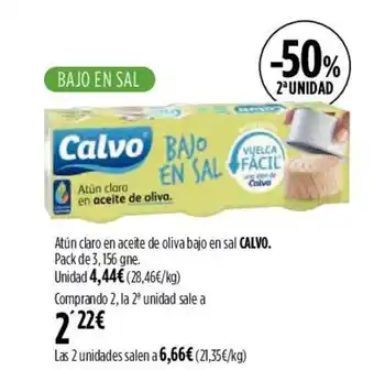Hipercor Atún claro en aceite de oliva bajo en sal CALVO. Pack de 3,156 gne. oferta