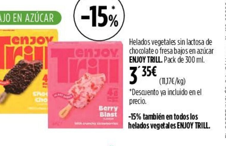 Hipercor Helados vegetales sin lactosa de enjoy chocolate o fresa bajos en azúcar ENJOY TRILL. Pack de 300 ml. oferta