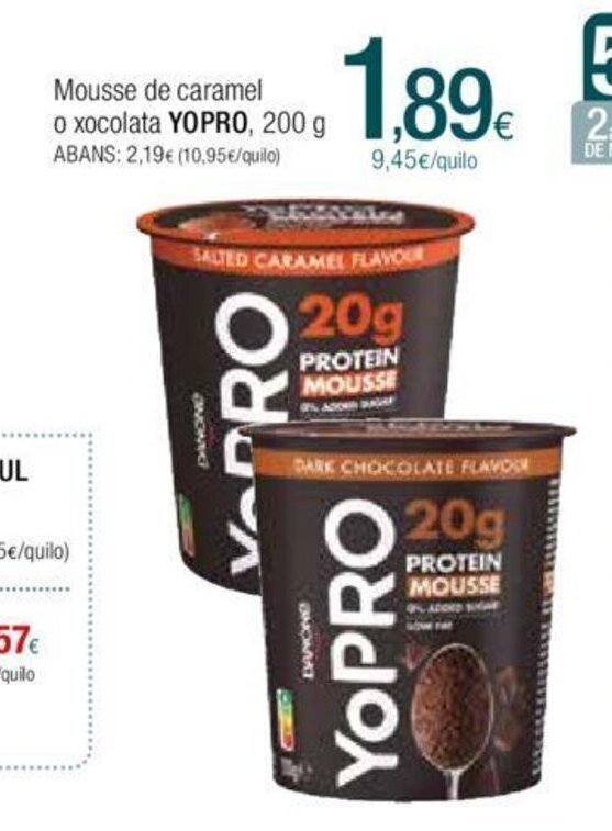 Condis Mousse de caramel O xocolata YOPRO, 200 g ABANS: 2,19€ (10,95€/quilo) oferta