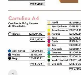 Blanco azul marino violeta negro cartulina a4 cartulina de 180 g. paquete de 50 unidades. 1331004.02 pvp 3,50 € 1108008