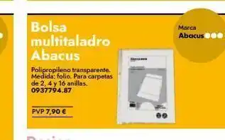 Abacus Bolsa multitaladro abacus polipropileno transparente. medida: folio. para carpetas de 2, 4 y 16 anillas. 0937794.87 pvp 7,9 oferta