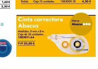 Abacus 1,60 € 2,30 € cinta correctora abacus medidas: 5 mm x 8 m. caja de 36 unidades. 1383011.64 pvp 52,00 € marca abacus cit oferta