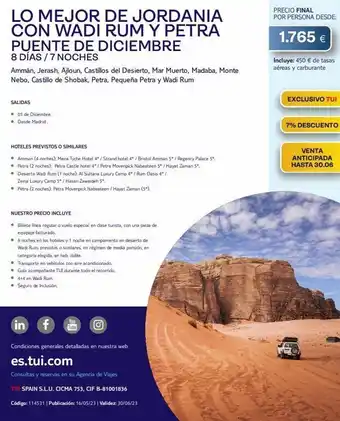 Tui Travel PLC Ammán, jerash, ajloun, castillos del desierto, mar muerto, madaba, monte nebo, castillo de shobak, petra, pequeña petra y wad oferta