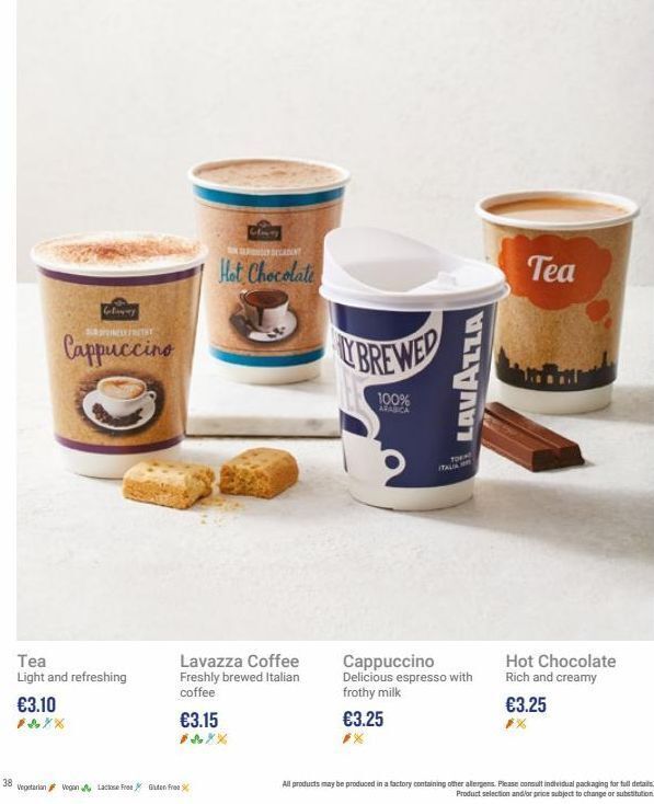 Ryanair 38 gloway infray cappuccino tea light and refreshing €3.10 vegetarian vegan lacke free fre 613 decadent hot chocolate oferta