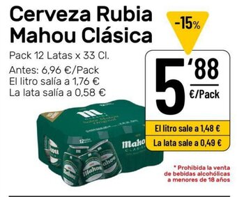 AhorraMas Cerveza Rubia Mahou Clásica Pack 12 Latas x 33 cl oferta