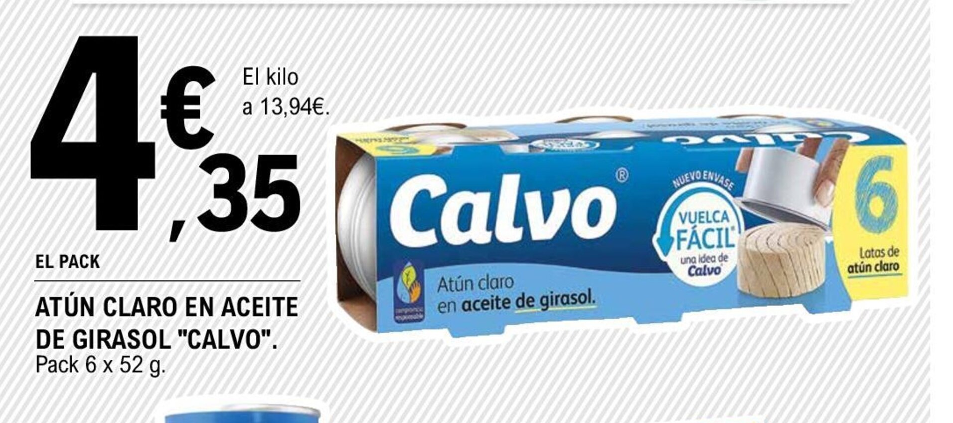 E.Leclerc ATÚN CLARO EN ACEITE DE GIRASOL "CALVO". Pack 6 x 52 g. oferta