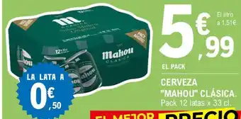 E.Leclerc CERVEZA "MAHOU" CLÁSICA. Pack 12 latas x 33 cl. oferta