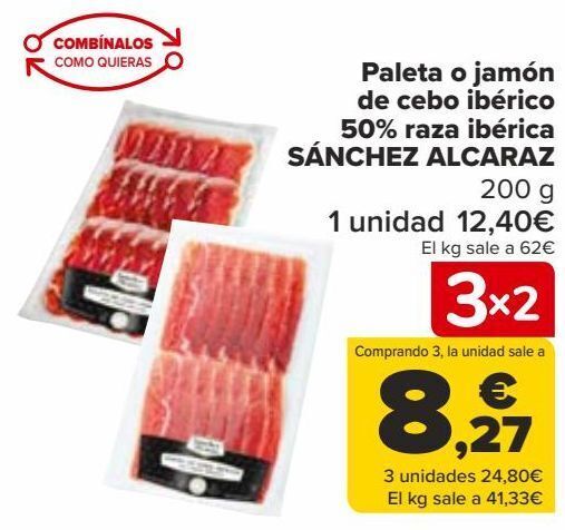 Carrefour Paleta o jamón de cebo ibérico 50% raza ibérica sánchez alcaraz oferta