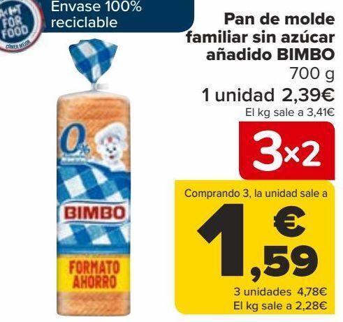 Carrefour Pan de molde familiar sin azúcar añadido bimbo oferta