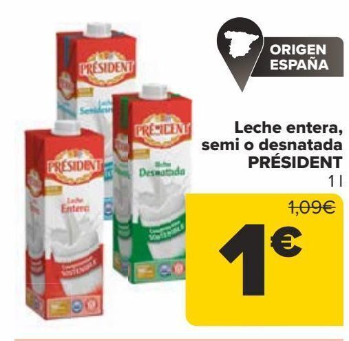 Carrefour Leche entera, semi o desnatada président oferta