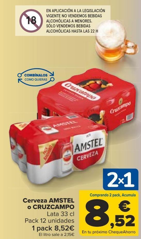 Carrefour Cerveza amstel o cruzcampo oferta