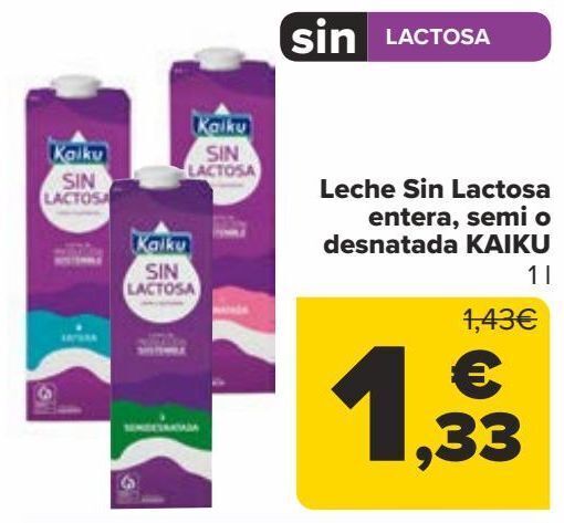 Carrefour Leche sin lactosa entera, semi o desnatada kaiku oferta