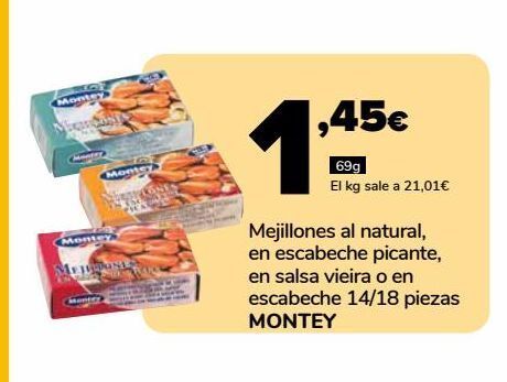 Supeco Mejillones al natural, en escabeche picante, en salsa vieira o en escabeche 14/18 piezas montey, 69g oferta