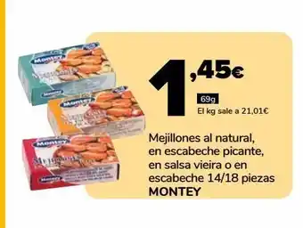 Supeco Mejillones al natural, en escabeche picante, en salsa vieira o en escabeche 14/18 piezas montey, 69g oferta