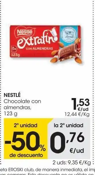 Eroski Nestlé chocolate con almendras 123 g oferta
