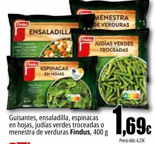 Unide Market Guisantes, ensaladilla, espinacas en hojas, judías verdes troceadas o menestra de verduras findus oferta