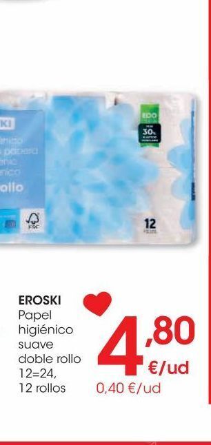 Eroski Eroski papel higiénico suave doble rollo 12=24 12 rollos oferta