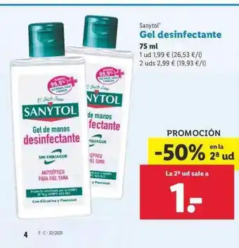 Lidl Sanytol Gel Desinfectante 75ml oferta
