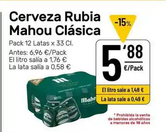 AhorraMas Cerveza Rubia Mahou Clásica pack 12 latas x 33cl oferta