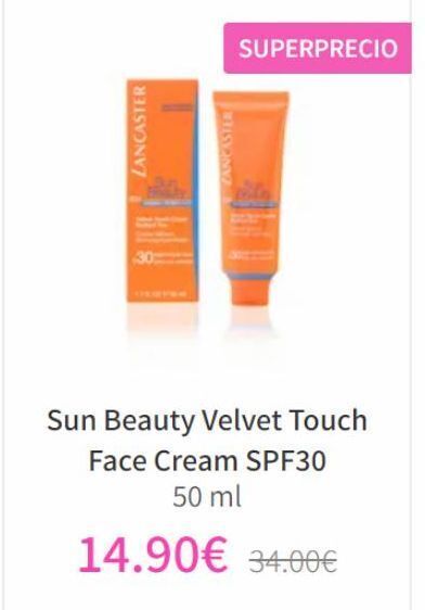 NutriTienda Lancaster  zancaster  superprecio  sun beauty velvet touch face cream spf30 50 ml  14.90€ 34.00€ oferta