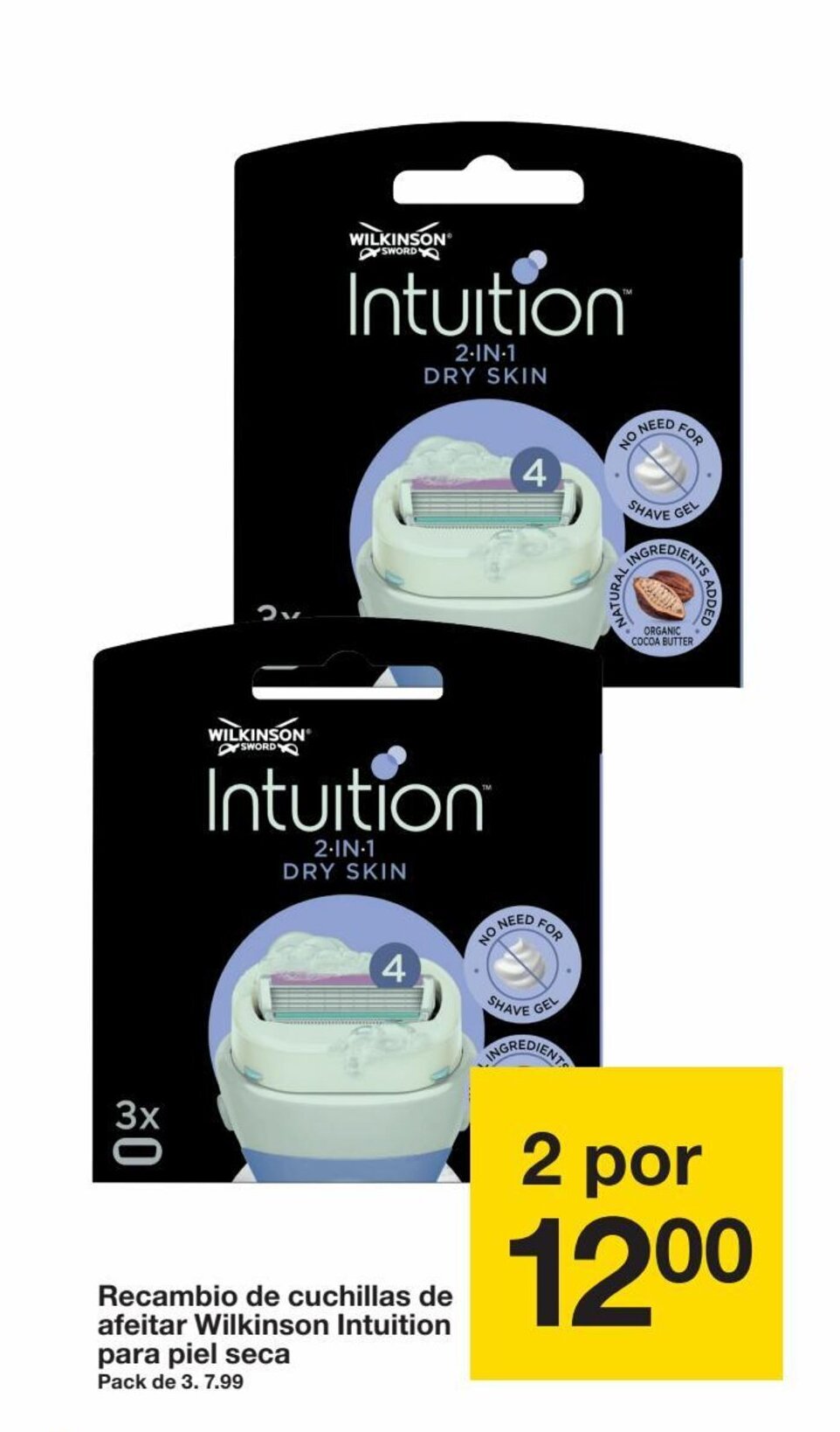 Zeeman Recambio de cuchillas de afeitar Wilkinson Intuition para piel seca Pack de 3. 7.INGREDIENT oferta