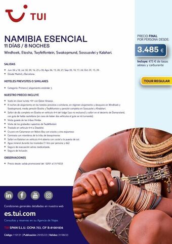 Tui Travel PLC ~ tui namibia esencial 11 días / 8 noches windhoek, etosha, twyfelfontein, swakopmund, sossusvlei y kalahari. salidas • oferta