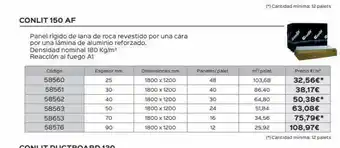 Isolana Código 58560 58561 58562 58563 58653 58576 densidad nominal 180 kg/m³ reacción al fuego a1 conlit 150 af panel rígido oferta