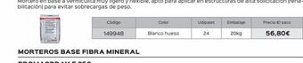Isolana Código 149948 color blanco hueso ud/palet embalaje 24 20kg precio €/ saco 56,80€ oferta