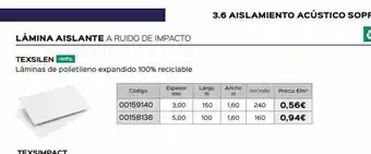 Isolana Lámina aislante a ruido de impacto texsilen +info. láminas de polietileno expandido 100% reciclable código largo m m²/ro oferta