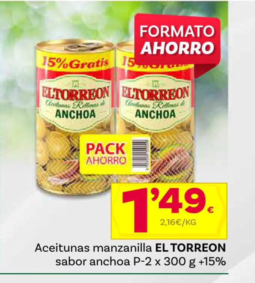Supermercados Dani Aceitunas manzanilla EL TORREON sabor anchoa P-2 x 300 g +15% oferta