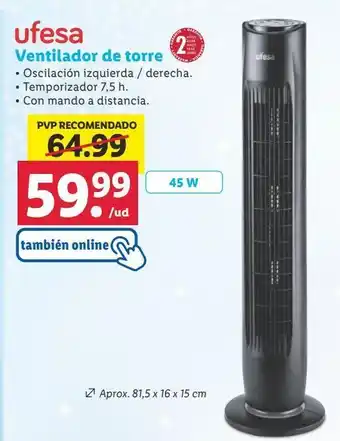 Lidl Ventilador torre ufesa oferta