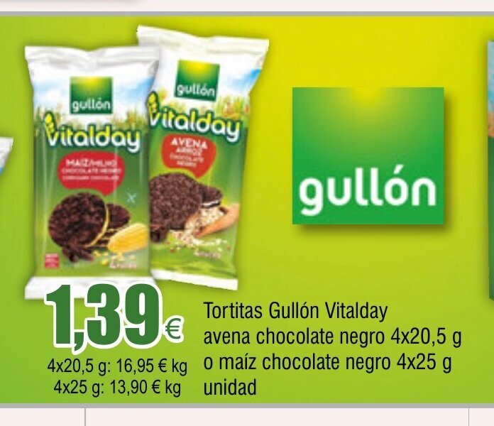 Froiz Tortitas Gullón Vitalday avena chocolate negro 4x20,5 g 0 maíz chocolate negro 4x25 g unidad oferta