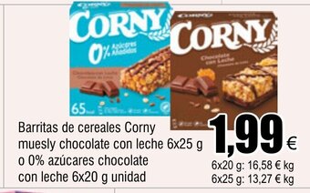 FROIZ Barritas de cereales Corny muesly chocolate con leche 6x25 g 0 0% azúcares chocolate con leche 6x20 g unidad oferta