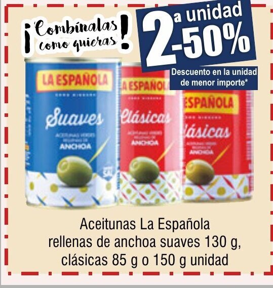 Froiz Aceitunas La Española rellenas de anchoa suaves 130 g, clásicas 85 g o 150 g unidad oferta