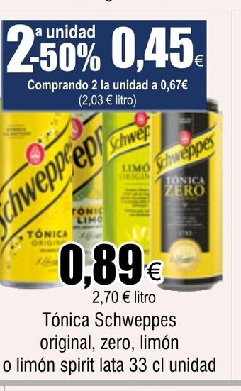 FROIZ Tónica Schweppes original, zero, limón o limón spirit lata 33 cl unidad oferta