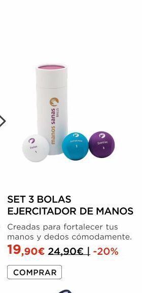 La tienda en casa Relas balls manos sanas set 3 bolas ejercitador de manos creadas para fortalecer tus manos y dedos cómodamente. 19,90€ 24,9 oferta