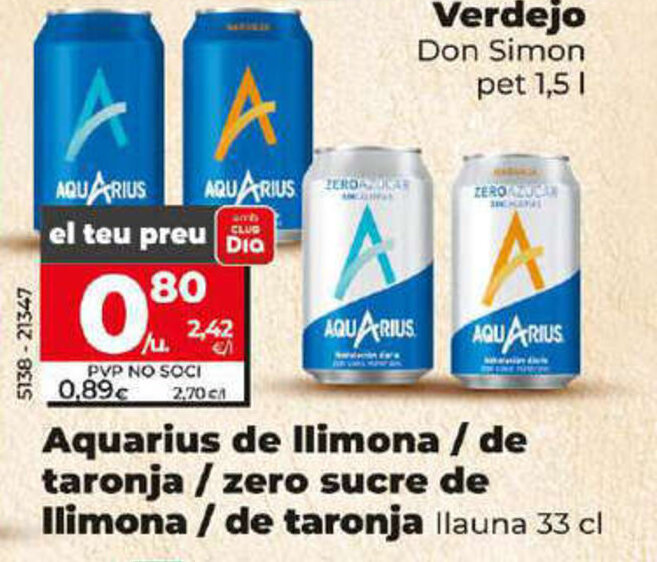 Dia Aquarius de llimona / de taronja / zero sucre de oferta