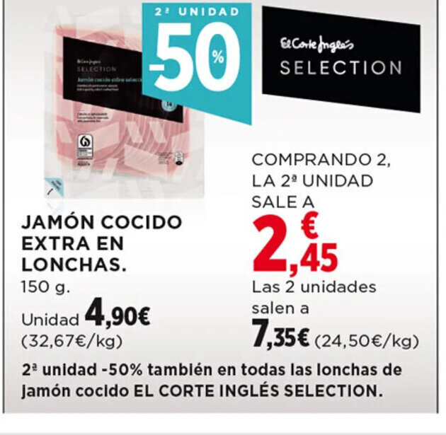 Hipercor JAMÓN COCIDO EXTRA EN LONCHAS. 150 g oferta